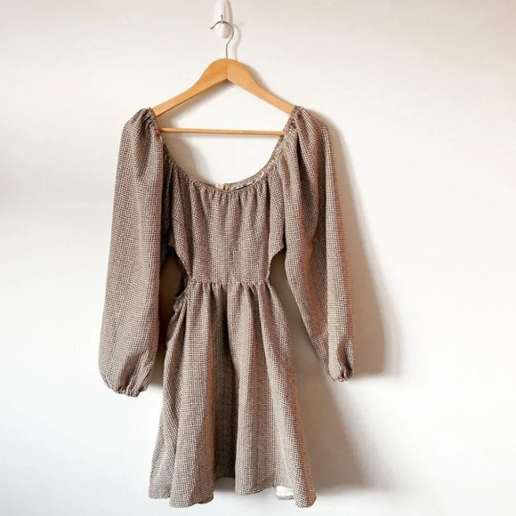 Cider Check Pattern Cut Out Long Sleeve Dress Cream Brown Sz XS - Picture 6 of 9